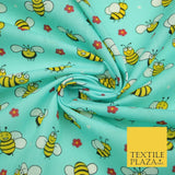 Happy Busy Bumble Bees Printed Polycotton Dress Craft Fabric Kids 44" 3 COLOURS