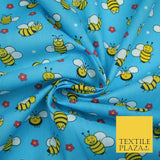 Happy Busy Bumble Bees Printed Polycotton Dress Craft Fabric Kids 44" 3 COLOURS