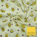 Happy Busy Bumble Bees Printed Polycotton Dress Craft Fabric Kids 44" 3 COLOURS