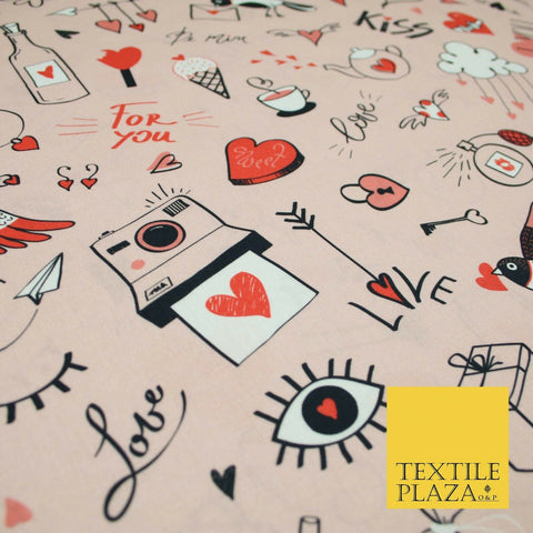 Pink Red LOVE Valentines Doodle Themed Digital Print 100% Cotton Fabric 58" 5499