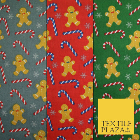 Festive Gingerbread Men Candy Cane Snow Christmas Printed Polycotton Fabric 45"