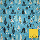 Festive Christmas Trees Stars Winter Printed Poly Cotton Fabric Polycotton 45"