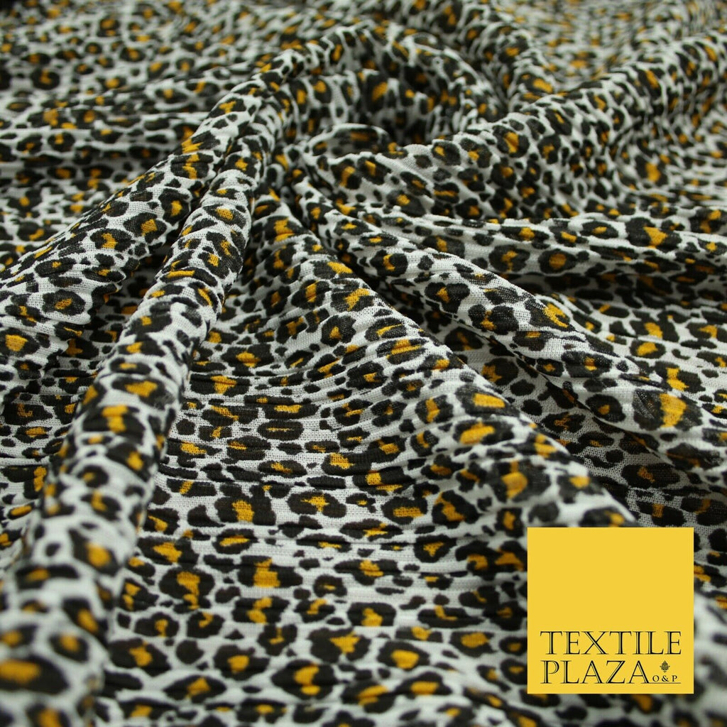 White Mustard Animal Leopard Printed Pleated Plisse Georgette Dress Fabric 6483