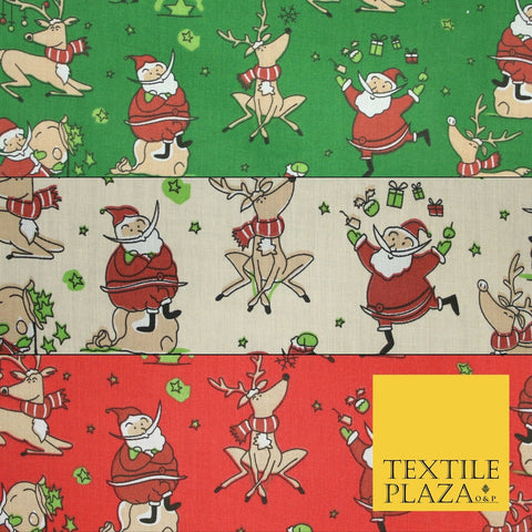 Christmas Tree Santa Gifts Reindeer Printed Poly Cotton Fabric Polycotton 45"