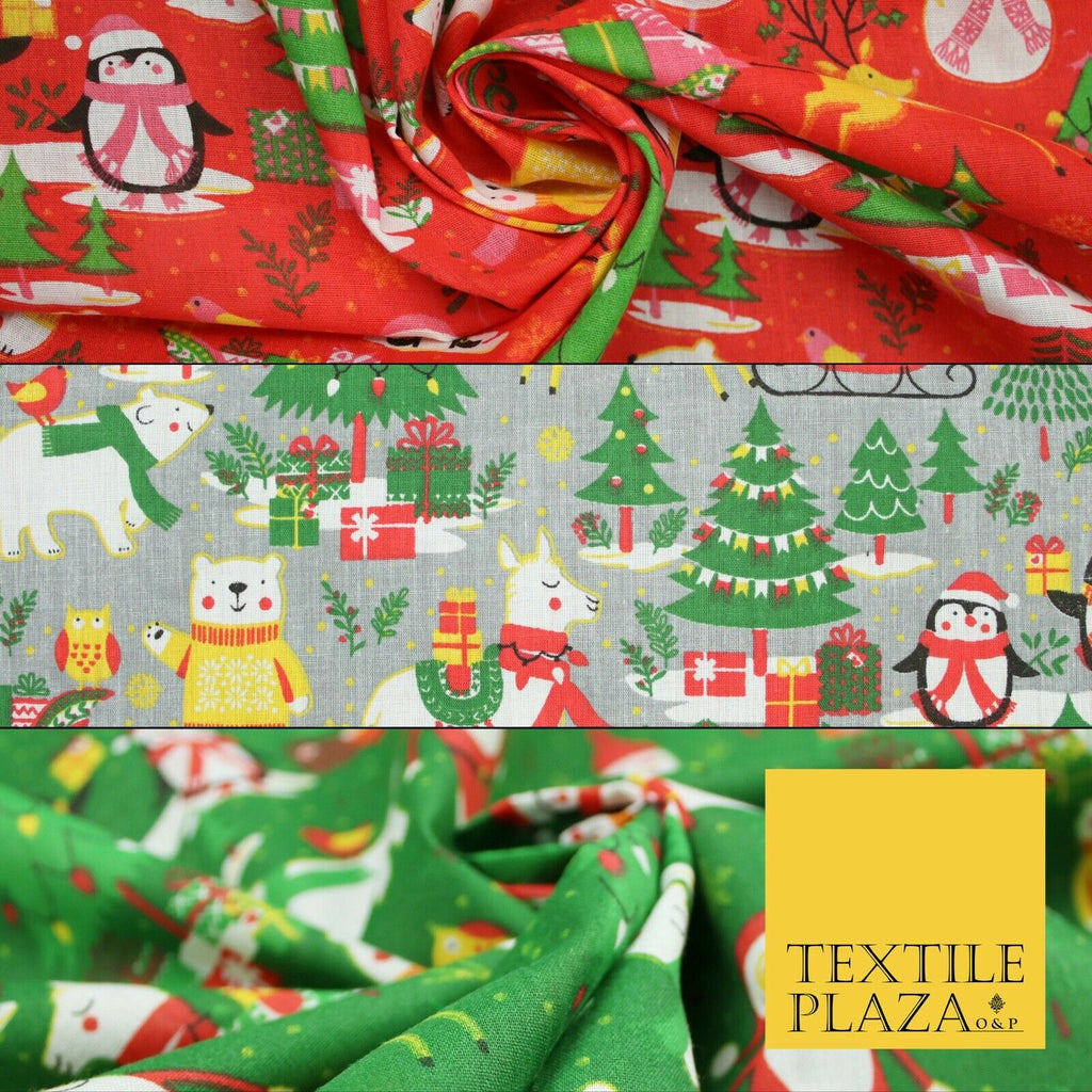 3 COLOURS Festive Santa Penguin Llama Snowman Christmas Print Polycotton Fabric