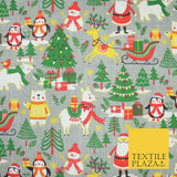 3 COLOURS Festive Santa Penguin Llama Snowman Christmas Print Polycotton Fabric