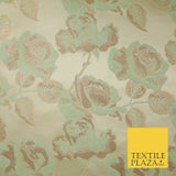 Cream Gold Mint Green Blooming Leafy Rose Flowers Brocade Jacquard Fabric 6787