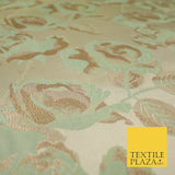 Cream Gold Mint Green Blooming Leafy Rose Flowers Brocade Jacquard Fabric 6787