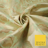 Cream Gold Mint Green Blooming Leafy Rose Flowers Brocade Jacquard Fabric 6787