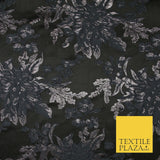 Black Grey Floral Bloom Textured Metallic Fancy Brocade Jacquard Fabric 6764