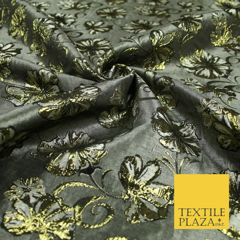 Grey Gold Metallic Gold Floral Pansy Textured Brocade Jacquard Dress Fabric 6851