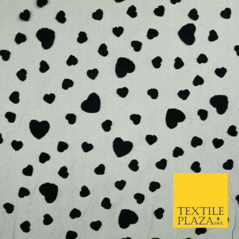 Black Confetti Love Hearts Flocked Mesh Net Stretch Dress Fabric 58" 7073