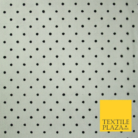 Black 5mm Polka Dot Spotted Flocked Power Mesh Net Stretch Dress Fabric 58" 7070