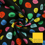 Black Colourful Smiley Faces Brushed Polycotton Winceyette Printed Fabric 7183