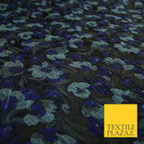 Black Royal Blue Duck Egg Intense Pansy Floral Textured Brocade Fabric 7148