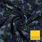 Black Royal Blue Duck Egg Intense Pansy Floral Textured Brocade Fabric 7148