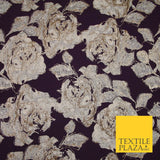 Plum Antique Gold Falling Carnation Floral Metallic Textured Brocade Fabric 7135