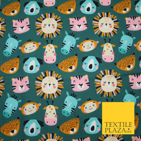 Teal Cartoon Sleepy Animals Lion Tiger Monkey Cats Koala 100% Cotton Fabric 7346