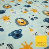 Light Blue Cartoon Party Animal Lion Panda Giraffe Koala 100% Cotton Fabric 7345