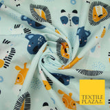 Light Blue Cartoon Party Animal Lion Panda Giraffe Koala 100% Cotton Fabric 7345