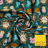 Teal Cartoon Sleepy Animals Lion Tiger Monkey Cats Koala 100% Cotton Fabric 7346