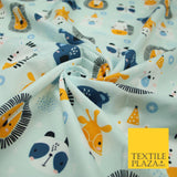 Light Blue Cartoon Party Animal Lion Panda Giraffe Koala 100% Cotton Fabric 7345