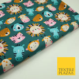 Teal Cartoon Sleepy Animals Lion Tiger Monkey Cats Koala 100% Cotton Fabric 7346