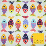 White Colourful Quirky Patchwork Abstract Patterned Fish 100% Cotton Fabric 7344