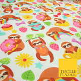 Playful Summer Cheeky Sloth Tea Party Rainbow Printed 100% Cotton Fabric 7341