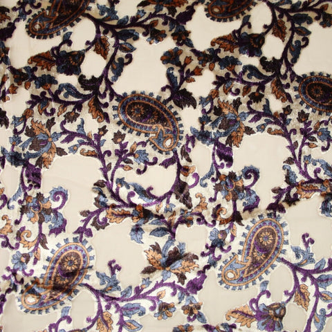 Purple Beige Paisley Floral Vine Velvet Burnout Brasso Devore Dress Fabric 7377