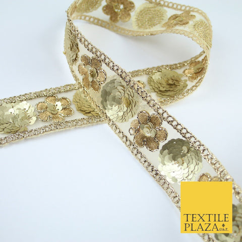 Gold Floral 3D Matt Sequin Flower Threadwork Organza Trim Border Lace Gota X136