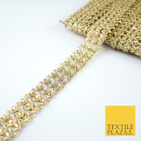 GOLD 3 Row Swag Triple Intense Diamonte Stones Trim Border Lace - 2cm Wide X648