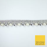 Silver Chrome / White Pearl Beaded Ribbon Trim Border Lace - 1.5cm Wide - X586