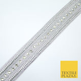 Silver Round Diamonte Double Band Metallic Trim Border Lace - 4.5cm Wide - X617