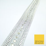 Silver Round Diamonte Double Band Metallic Trim Border Lace - 4.5cm Wide - X617