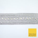 Silver Round Diamonte Double Band Metallic Trim Border Lace - 4.5cm Wide - X617