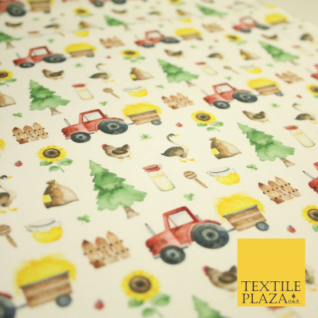 White Tractor Farming Theme Tree Sunflower Digital Print 100% Cotton Fabric 8225