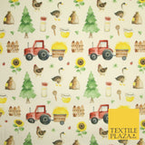 White Tractor Farming Theme Tree Sunflower Digital Print 100% Cotton Fabric 8225