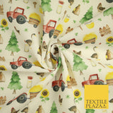 White Tractor Farming Theme Tree Sunflower Digital Print 100% Cotton Fabric 8225