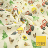 White Tractor Farming Theme Tree Sunflower Digital Print 100% Cotton Fabric 8225