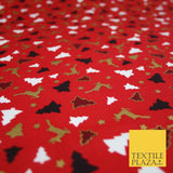 RED / GREEN GOLD Festive Trees Reindeers Stars Xmas Printed 100% Cotton Fabric