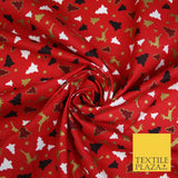 RED / GREEN GOLD Festive Trees Reindeers Stars Xmas Printed 100% Cotton Fabric