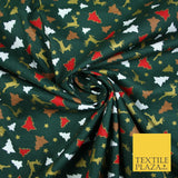 RED / GREEN GOLD Festive Trees Reindeers Stars Xmas Printed 100% Cotton Fabric