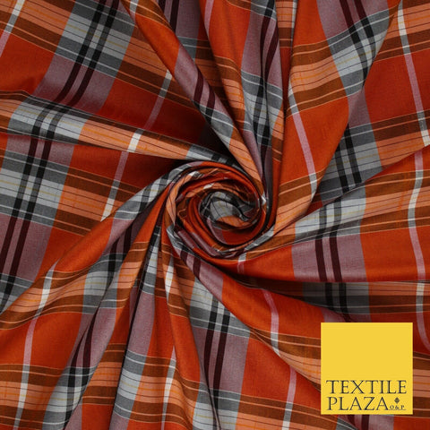 Perth Black Orange Dupion Faux Raw Silk Check Tartan Fabric Material 58" 9639