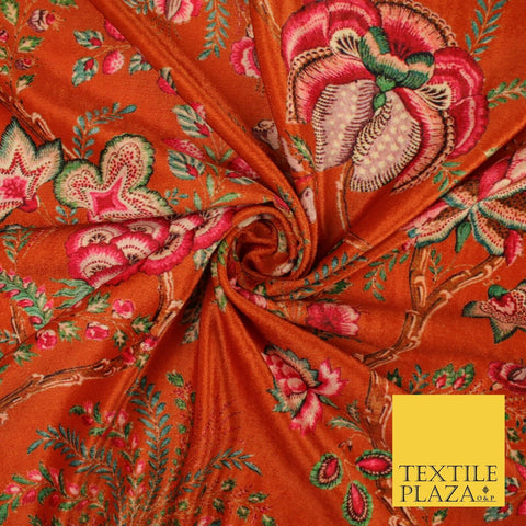 Rust Orange Vintage Floral Printed Micro Velvet Velour Non Stretch Fabric 8821