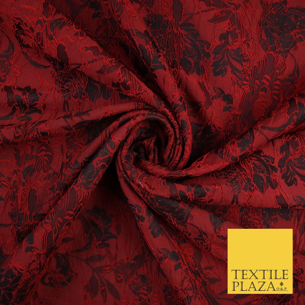 Red Black Artsy Outline Floral Vine Textured Brocade Dress Fabric 9924