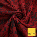 Red Black Artsy Outline Floral Vine Textured Brocade Dress Fabric 9924