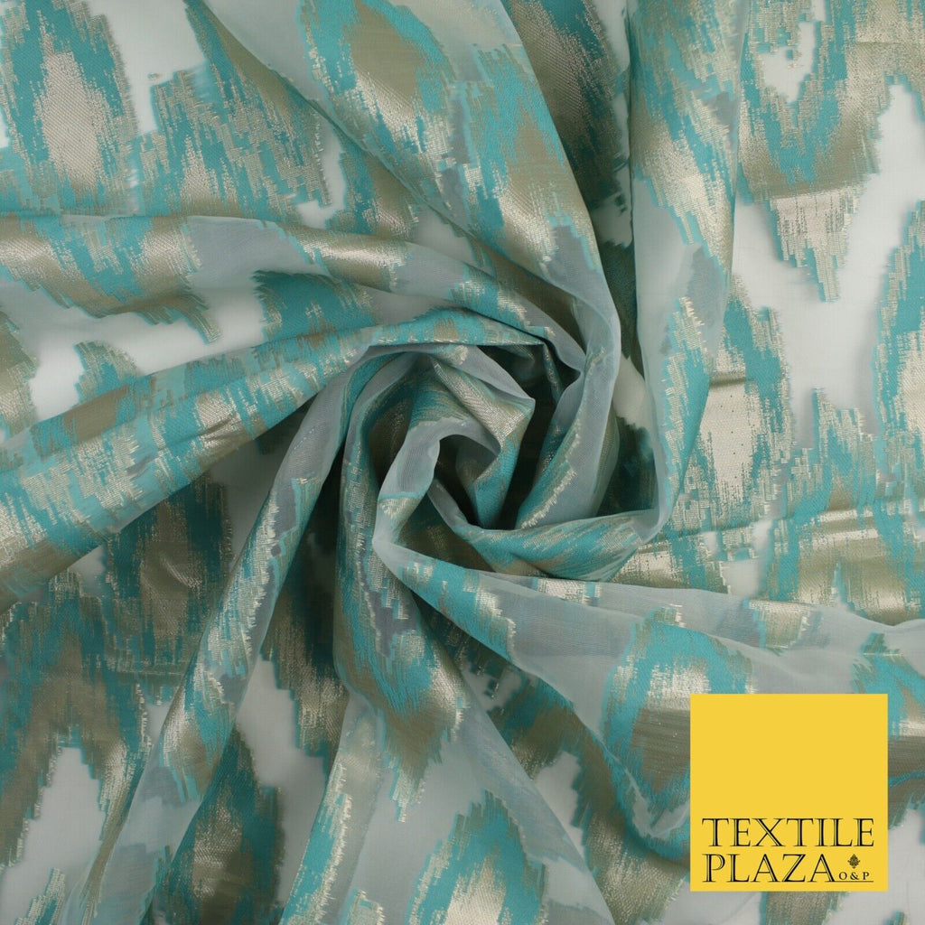 Sea Green Beige ZigZag Retro Metallic Abstract Textured Organza Fabric 9913