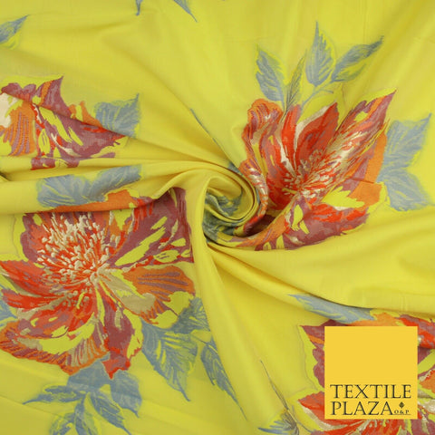 Yellow Large Multicolour Floral Blossom Bunches Textured Brocade Fabric 9909