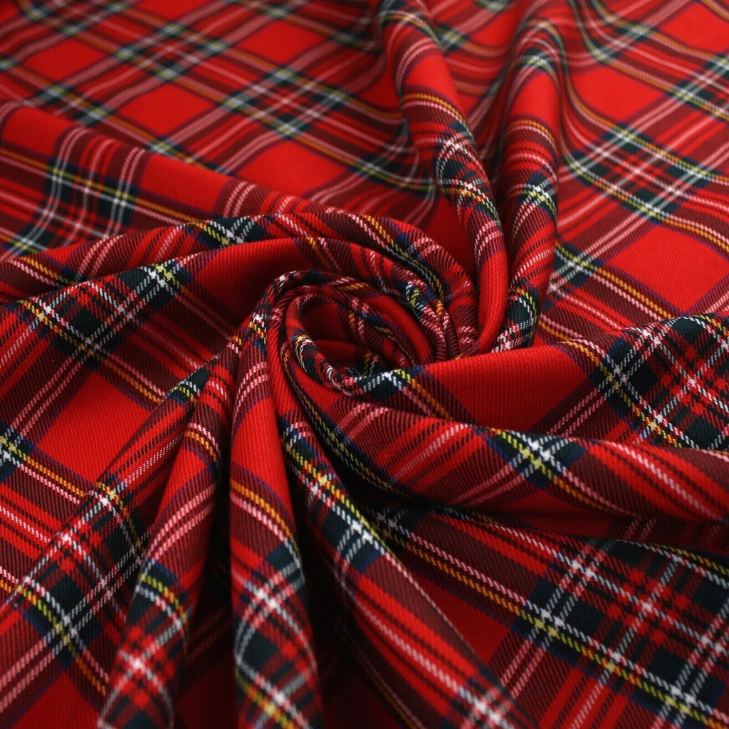 RED TARTAN CHECK Royal Stewart Polyester Viscose Fabric 58" Craft Dress 9833